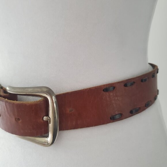 Vintage ASK Brown Leather Belt Black Contrast Stitch Silver Tone Buckle Unisex - Picture 3 of 10